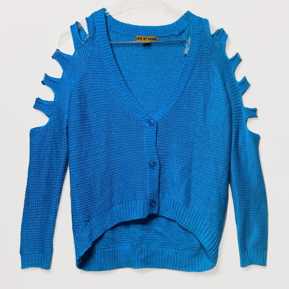 Cerulean Blue Slit Knit Cardigan by Love by Design